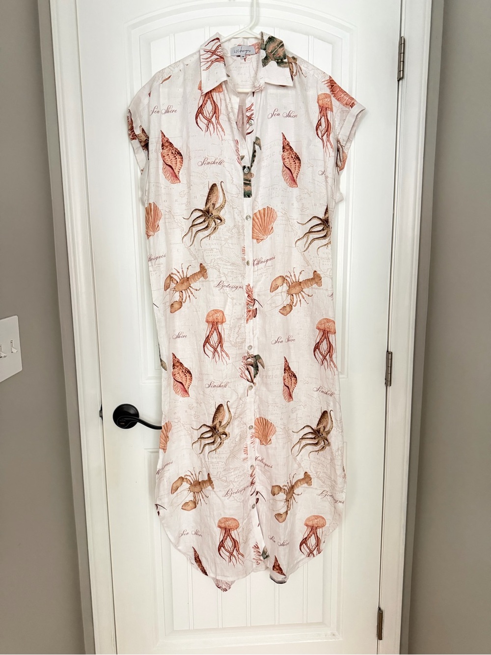 LJC Designs Sea Map Print Linen Shirt Dress with Oceanography Animal Design